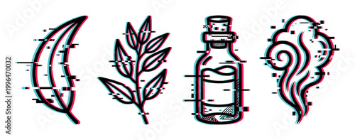 Glitch effect illustrations of a feather, leafy branch, corked bottle, and smoke cloud in a modern digital art style.