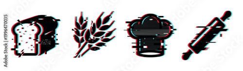 Bread, wheat, chef hat, and rolling pin icons feature a modern digital glitch effect, representing baking and culinary arts.