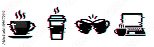 Glitch effect coffee cups and laptop icons with steaming hot beverages in a modern digital style, representing technology and daily routines.