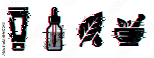 Glitch effect natural cosmetic and herbal medicine icons representing organic skincare products and traditional remedies with digital distortion.