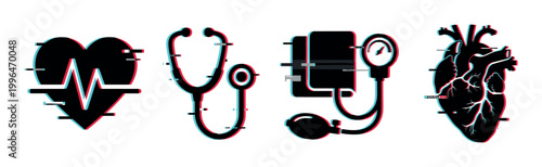 Medical icons set featuring heart, stethoscope, blood pressure monitor, and anatomical heart with a modern glitch effect, representing digital health and cardiology.