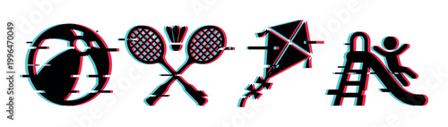 Playful summer activity icons featuring a beach ball, badminton rackets, a kite, and a child on a slide, all rendered with a modern glitch effect.
