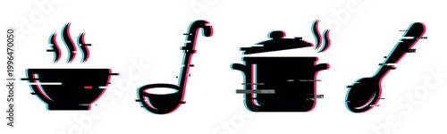 Kitchen utensils with glitch effect, including a steaming bowl, ladle, cooking pot, and spoon, representing modern digital cooking.