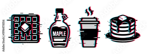 Breakfast food icons with a modern digital glitch effect, featuring a waffle, maple syrup, coffee cup, and pancakes.