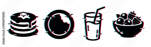 Pancakes plate drink fruit icons with a modern digital glitch effect, representing breakfast and meal elements in a contemporary style.
