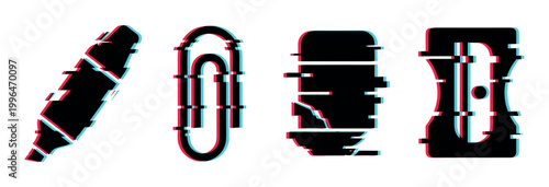 Glitch effect school supplies set featuring a marker, paper clip, eraser, and pencil sharpener with digital distortion.