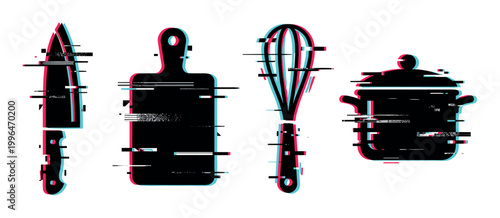 Glitch effect kitchen utensils set with knife, cutting board, whisk, and cooking pot for modern culinary concepts.