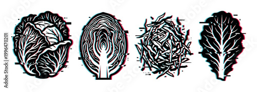 Cabbage vegetable glitch art illustration set showing whole, half, shredded, and single leaf forms with digital distortion effect.