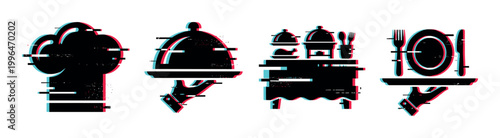 Chef's hat, serving dishes, and dining elements are depicted with a modern digital glitch effect, perfect for culinary themes.