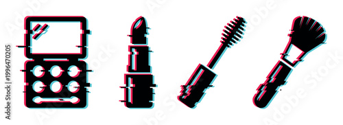 Glitch effect makeup items including an eyeshadow palette, lipstick, mascara, and brush for beauty and digital art concepts.