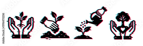 Glitch effect icons depicting the process of planting, nurturing, and caring for plants and trees, symbolizing environmental protection and growth.
