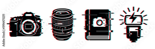 Photography equipment icons with digital glitch effect, representing modern technology, visual art, and creative media concepts.