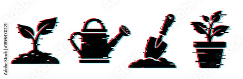 Glitch effect icons of gardening tools and growing plants, including a sprout, watering can, shovel, and potted plant, representing digital agriculture concepts.