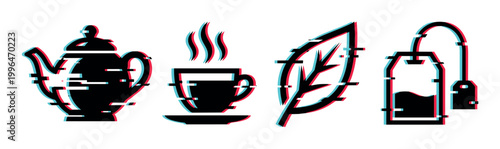 Teapot teacup tea leaf tea bag icons with a modern digital glitch effect, representing hot beverages and natural ingredients.