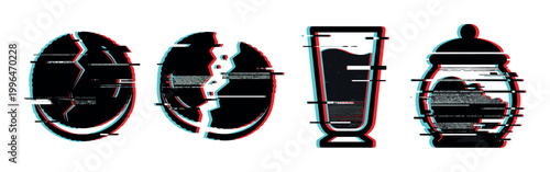 Coffee elements with digital glitch effect, including beans, a glass, and a sugar bowl, creating a modern abstract design.