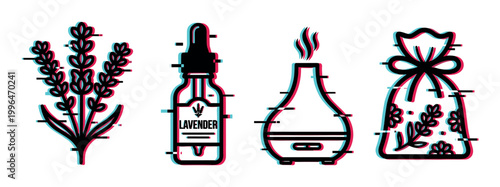 Lavender essential oil products and aromatherapy items with a modern glitch effect, illustrating natural relaxation and wellness concepts.