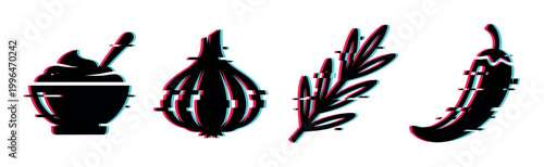 Glitch effect food ingredients set with garlic, chili, rosemary, and sauce bowl in a modern digital style.