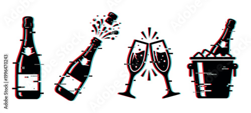 Champagne bottles and flutes with glitch effect, celebrating a special occasion with sparkling wine and festive toast.