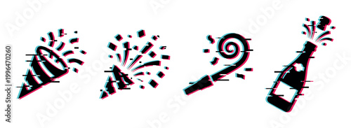 Festive celebration icons with glitch effect including party popper, confetti, horn, and champagne bottle for events and holidays.