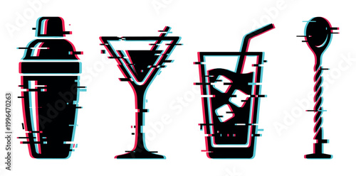 Bar tools and cocktail glasses with a modern digital glitch effect, perfect for contemporary design and beverage themes.