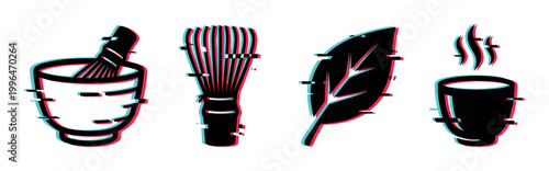 Matcha tea ceremony items, including a whisk, bowl, leaf, and steaming cup, rendered with a trendy glitch effect.