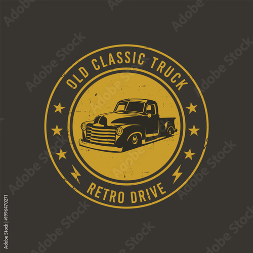 Old school classic pickup truck stamp logo vector with grunge texture
