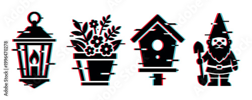Garden gnome, birdhouse, lantern, potted plant icons with a modern digital glitch effect, perfect for contemporary design.
