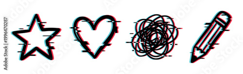 Glitch effect star, heart, scribble, and pencil icons with a modern digital distortion style, perfect for graphic design elements and creative projects.