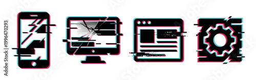 Digital devices and technology icons with a modern glitch effect, representing cyber security issues, data corruption, or system errors.