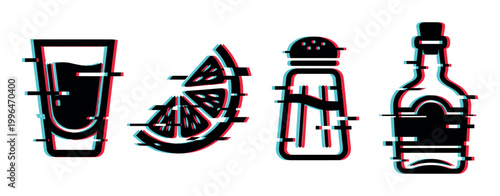 Tequila shot glass, lime, salt shaker, and bottle with modern digital glitch effect illustration.