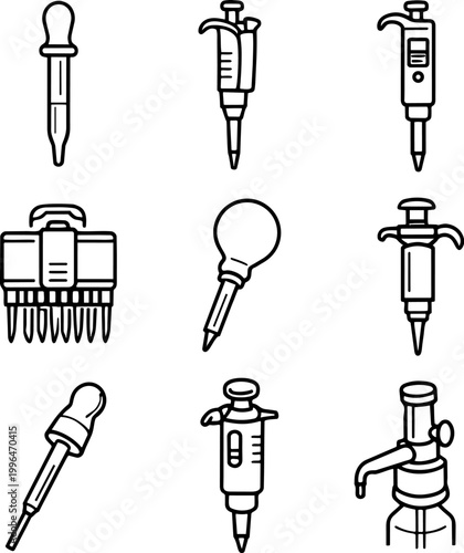 Set of laboratory pipettes and medical tools black line icons on white background