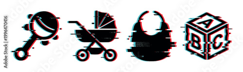 Baby items with glitch effect, including rattle, stroller, bib, and alphabet block, representing childhood and digital art.