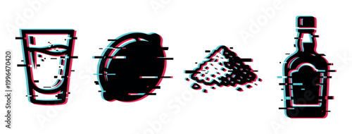 Shot glass, lemon, salt, bottle icons depicted with a vibrant digital glitch effect, perfect for modern design.