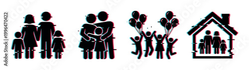 Family icons with modern glitch effect representing parents, children, home, and happiness in a digital style illustration.