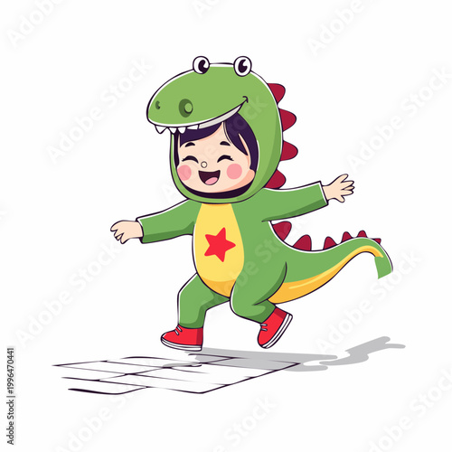 Child in Dinosaur Costume Playing Hopscotch