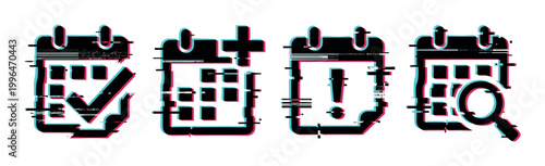 Glitch effect calendar icons with checkmark, plus sign, exclamation mark, and magnifying glass for digital scheduling and event management.