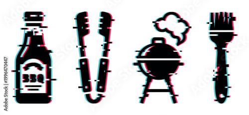 Stylized barbecue grill, sauce bottle, tongs, and basting brush with a modern digital glitch effect vector illustration.