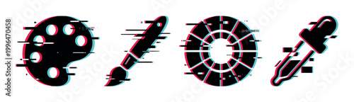 Painter's palette, paintbrush, color wheel, and dropper icons with a modern digital glitch effect, representing art and creativity