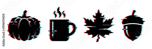 Pumpkin, mug, maple leaf, and acorn silhouettes with a modern glitch effect, representing autumn season elements.