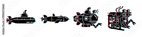 Submarines and underwater robots with glitch effect, depicting modern deep-sea exploration and advanced technology.