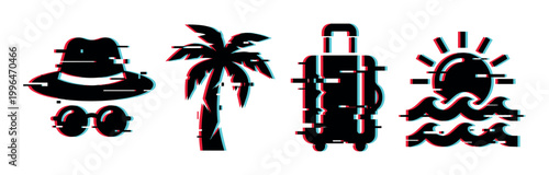 Travel vacation summer icons with digital glitch effect including hat, sunglasses, palm tree, suitcase, and sun over waves.