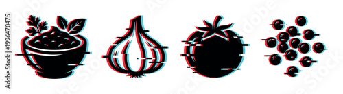 Food ingredients icons with a modern glitch effect, including garlic, tomato, herbs, and peppercorns, for digital design.