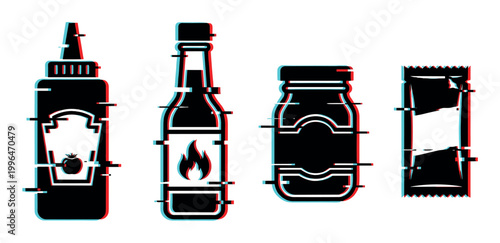 Condiment bottles, jar, and packet with a modern digital glitch effect, representing various food sauces and spreads