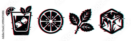 Cocktail ingredients vector icons with a trendy glitch effect, including a drink, citrus slice, mint leaves, and ice cube.