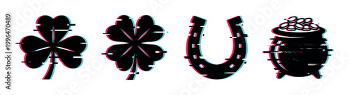 Glitch effect shamrocks, horseshoe, and pot of gold icons representing luck and Irish celebration.