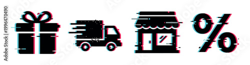 Gift box, delivery truck, store, percentage sign icons with glitch effect representing online shopping and sales.