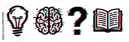Lightbulb, brain, question mark, and book icons with a digital glitch effect representing ideas, knowledge, and problem-solving.