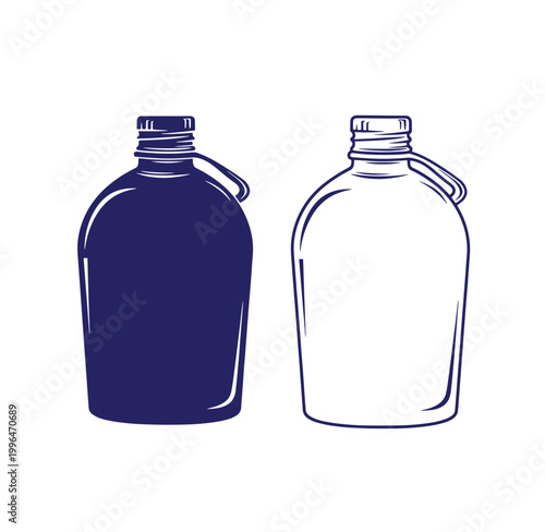 Two jugs one filled dark blue liquid and other empty transparent