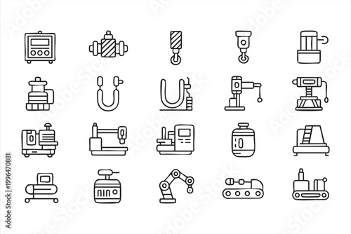 Factory Equipment Icon Collection Industrial Robotics and Mechanical Systems for Production Interface Design