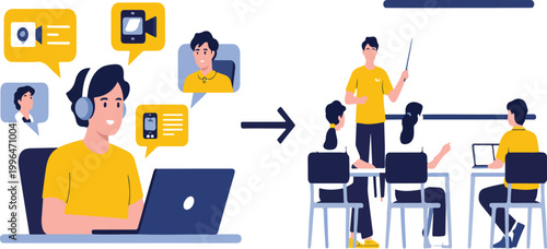 Transition from digital remote learning and online work to engaging in person classroom instruction and collaborative modern office environments concept illustration